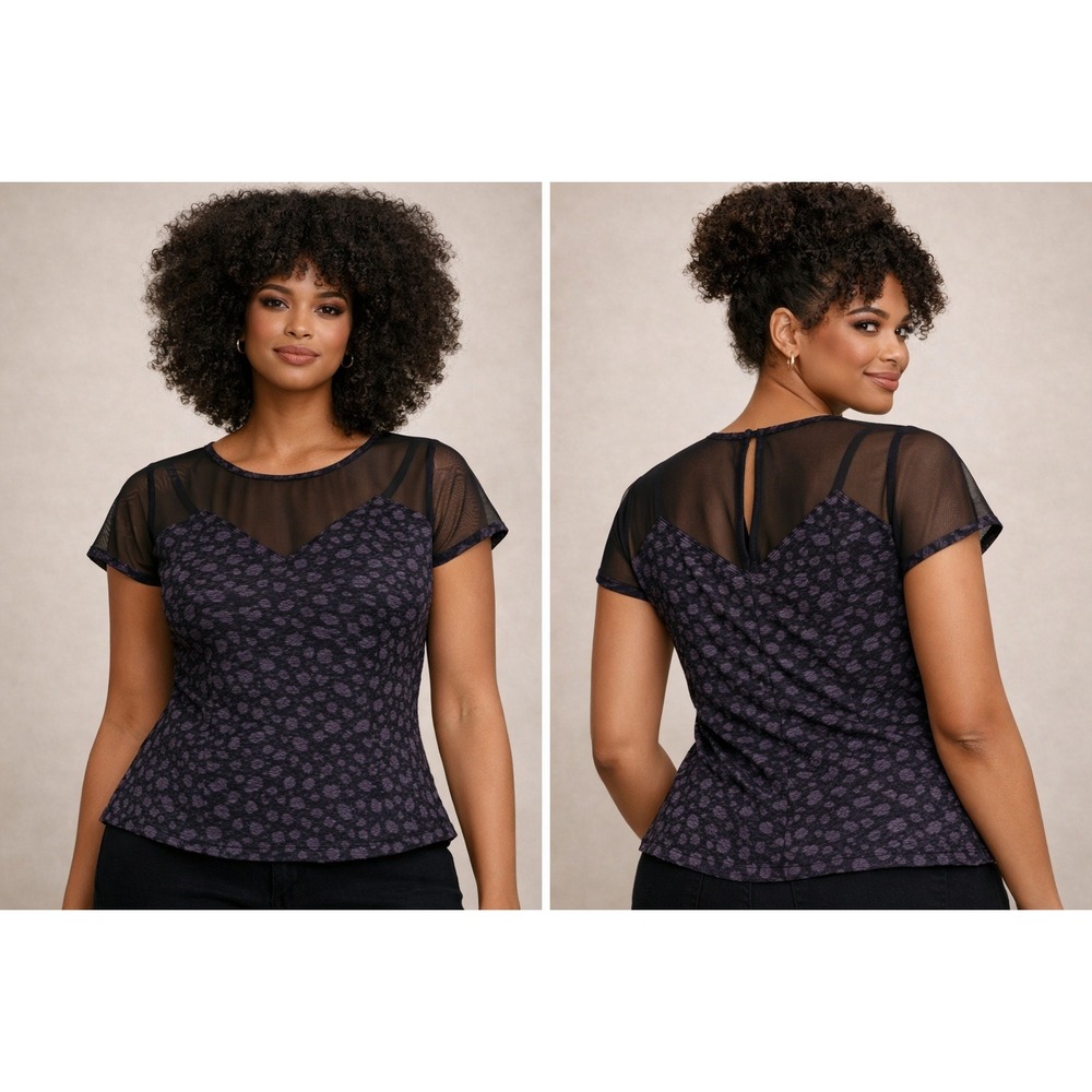 NWT- Guess Womens XL Purple Leopard Mesh Yoke Peplum Cap Sleeve Blouse
